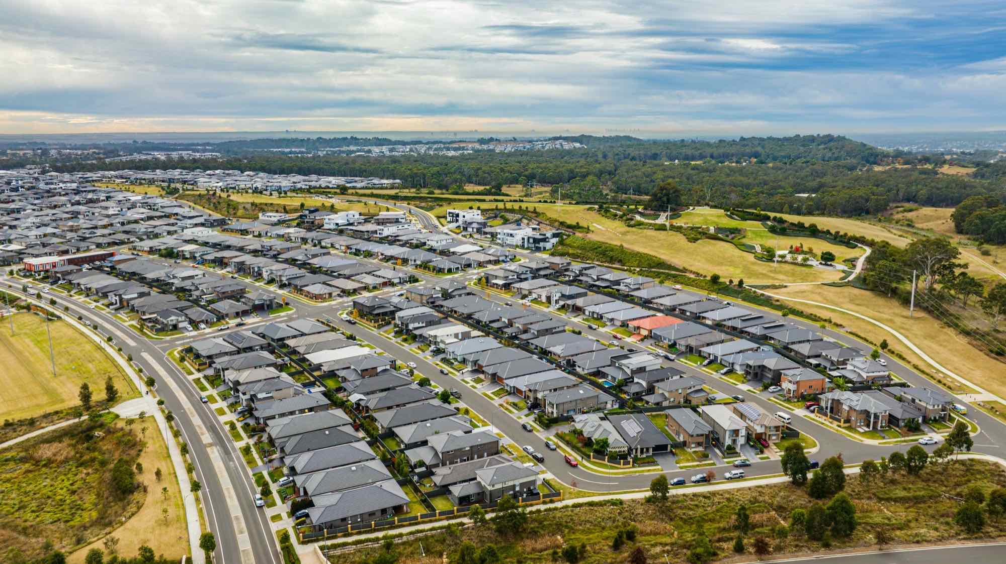 A new subdivision of homes under construction, seen from the air
